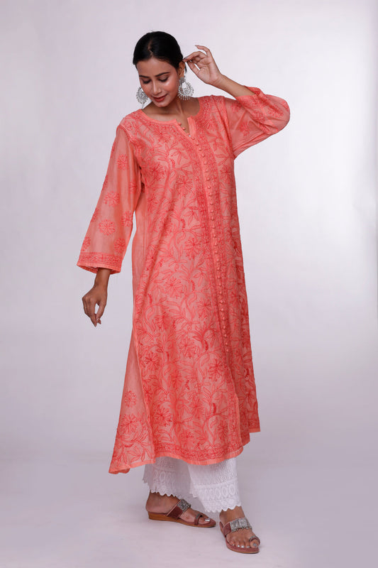 Sunset Peach Chikankari Anarkali Kurti