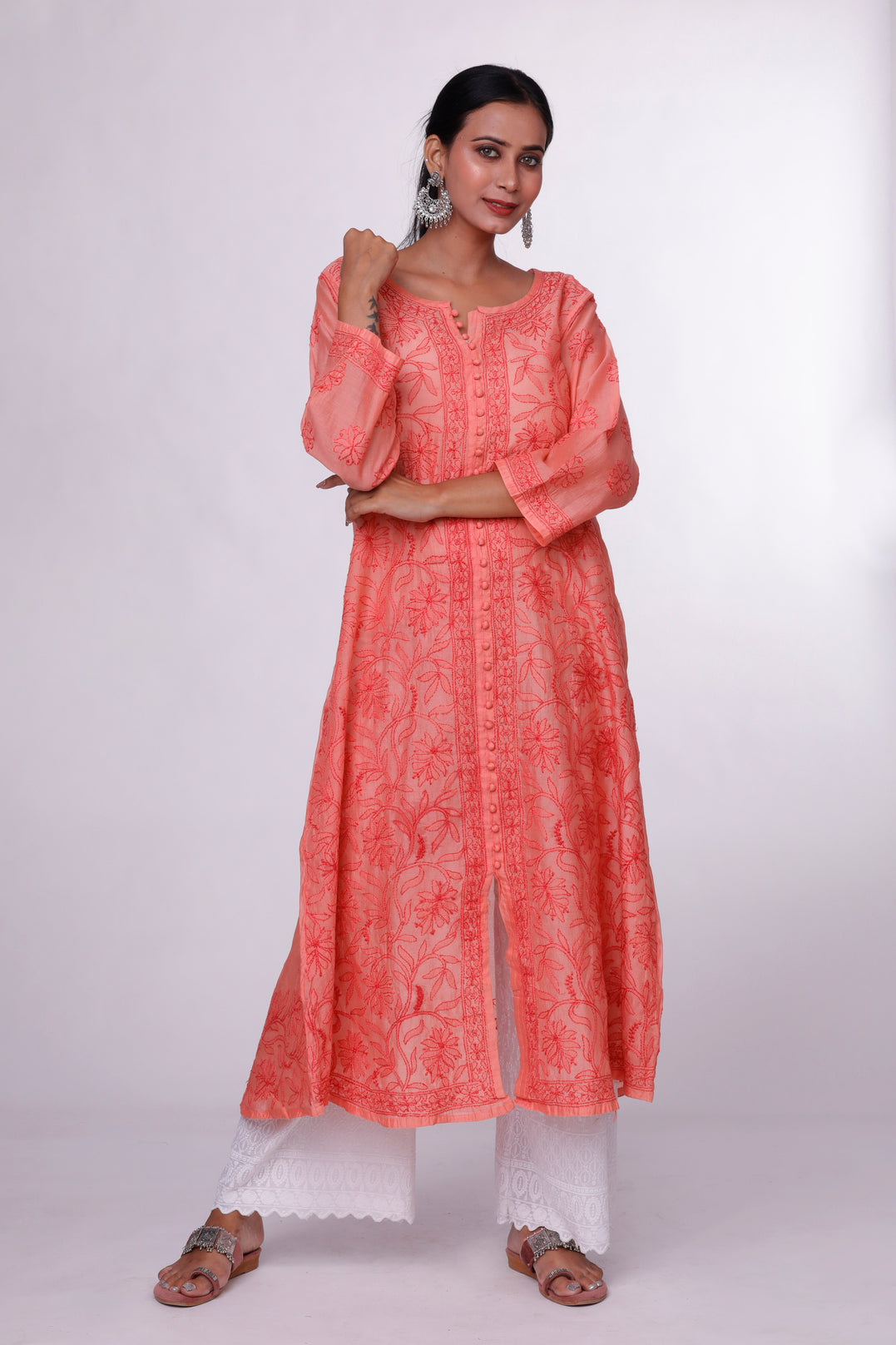 Sunset Peach Chikankari Anarkali Kurti