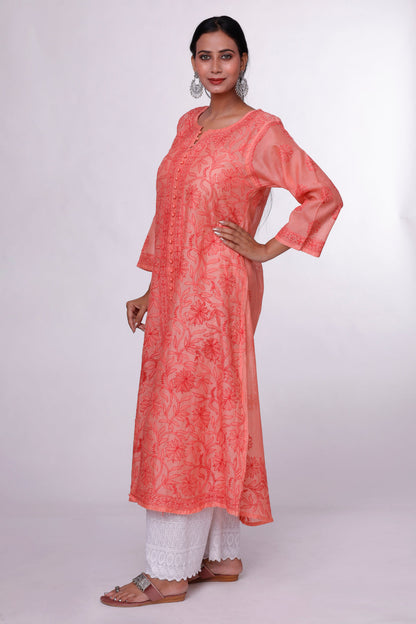 Sunset Peach Chikankari Anarkali Kurti