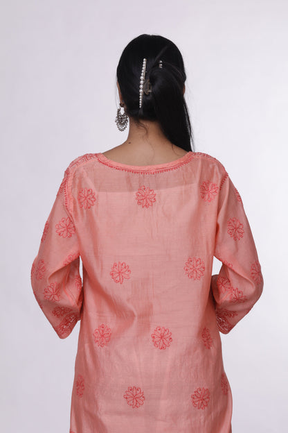 Sunset Peach Chikankari Anarkali Kurti