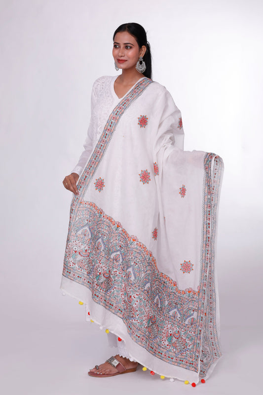 Pearl Grace White Madhubani Dupatta