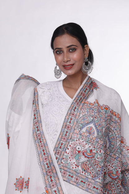 Pearl Grace White Madhubani Dupatta