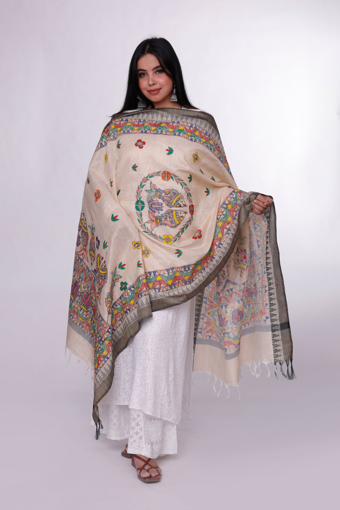 Beige Ocean Madhubani Dupatta