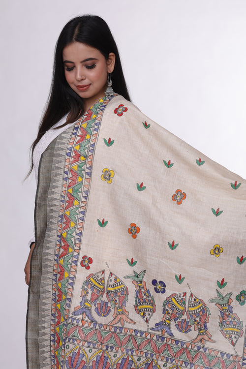 Beige Ocean Madhubani Dupatta