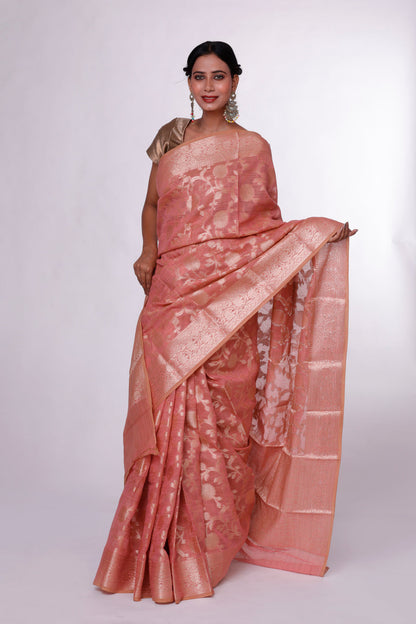 Rosy Peach Banarasi Saree