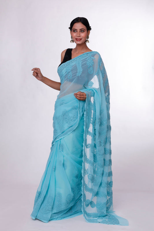 Ocean Green Chikankari Saree