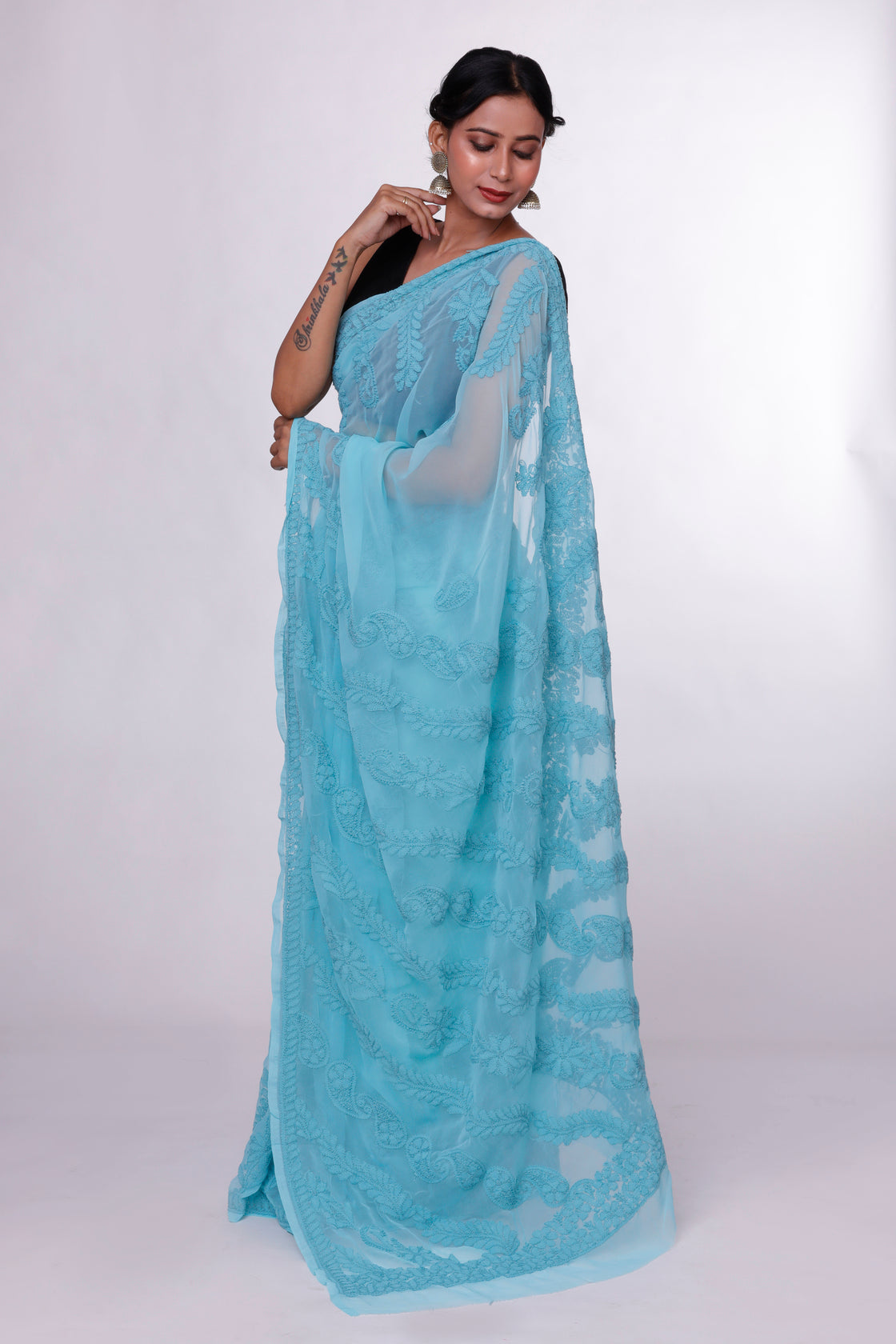 Ocean Green Chikankari Saree