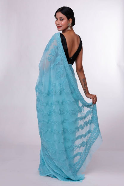 Ocean Green Chikankari Saree