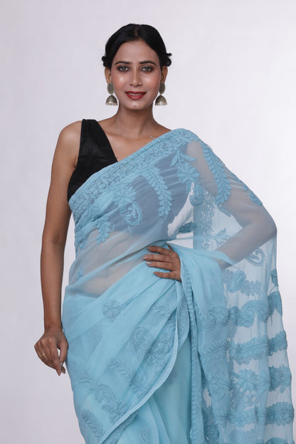 Ocean Green Chikankari Saree