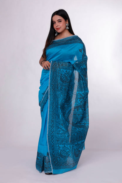 Oceanic Blue Madhubani Saree