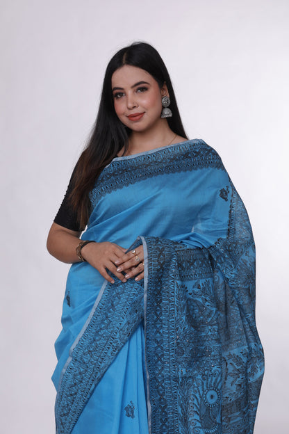 Oceanic Blue Madhubani Saree